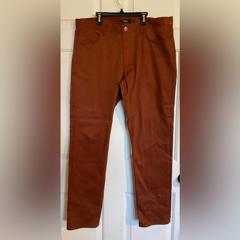 Theory Tech Raffi Compact Straight Slim Fit Ponte Pants in Burnt Orange - Picture 4 of 9